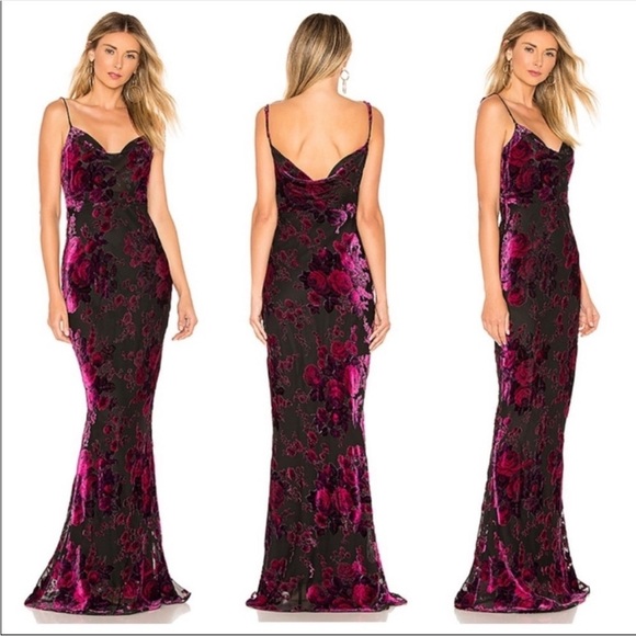 Revolve Likely Midori Gown Velvet Burnout Cowl Neck Floral Fuchsia Black 8 NWT - Picture 2 of 11